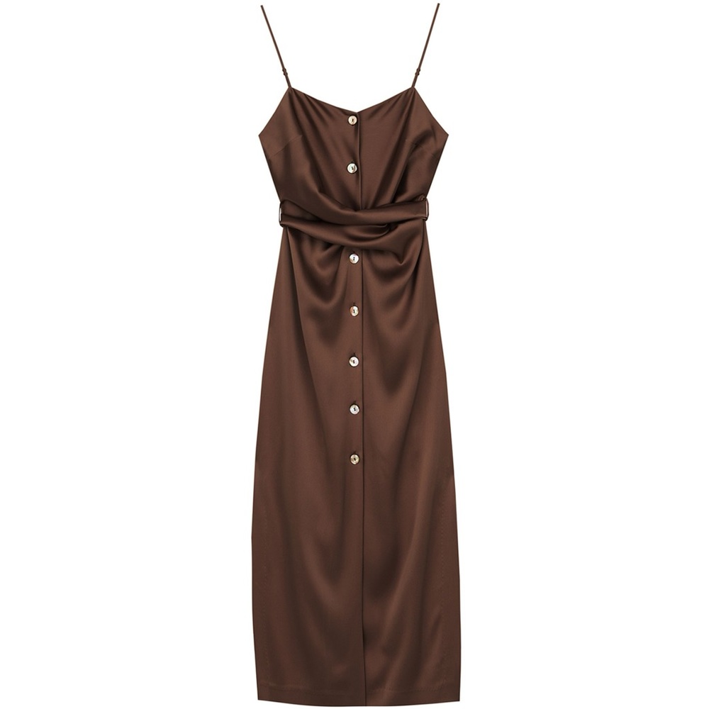 Silly Satin Chocolate Brown Button-Front Dress